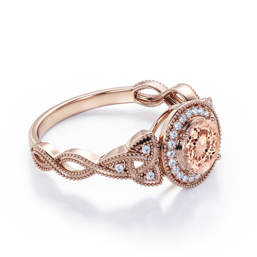 Twisted Vine 1.25 carat Round cut Peach Pink Morganite and diamond milgrain halo engagement ring in White gold
