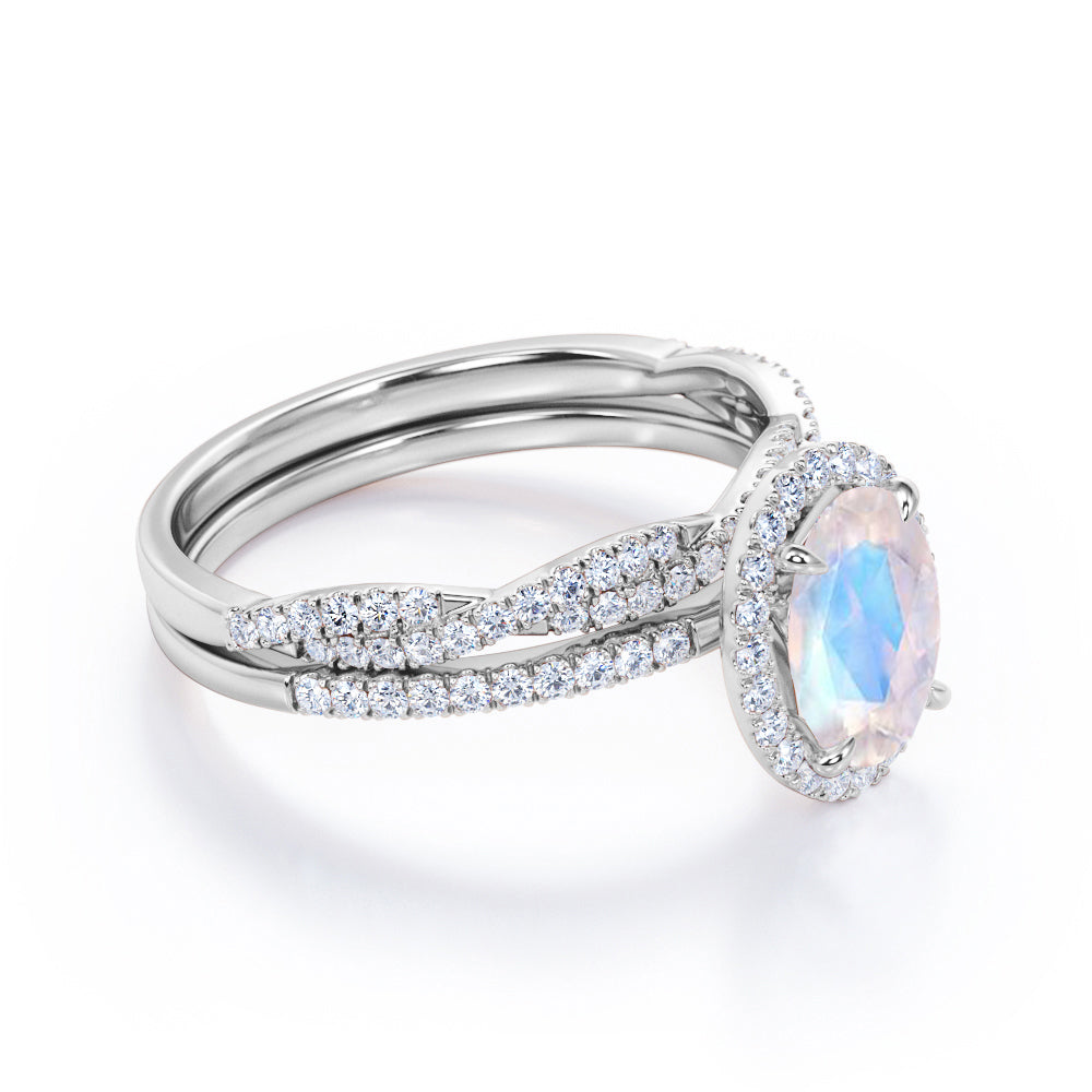 Vintage Halo 1.75 carat Oval cut Moonstone Promise ring and diamond infinity wedding ring band- Bridal set in White gold