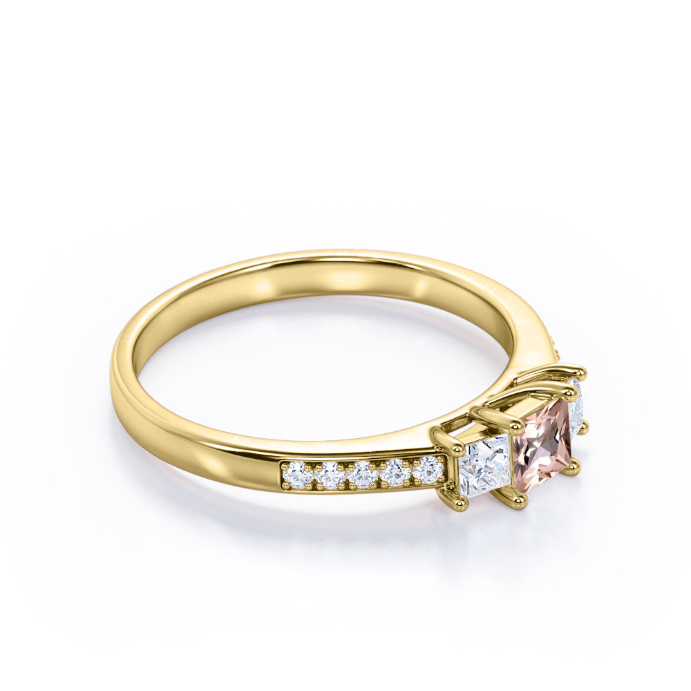 Channel set 0.75 carat Princess cut Morganite and diamond past present future engagement ring in White gold