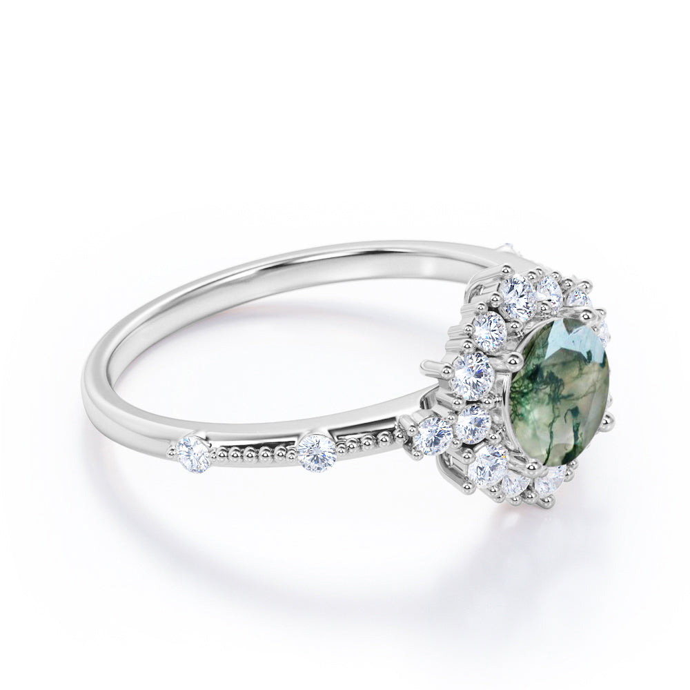 Engraved Vintage 1.25 carat Round cut Moss Green Agate and diamond Edwardian art deco engagement ring in Rose gold