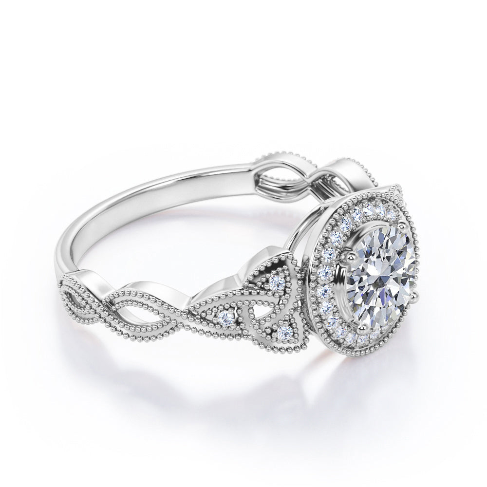 Twisted infinity 1.5 carat Round cut Moissanite and diamond vintage halo engagement ring in Black gold