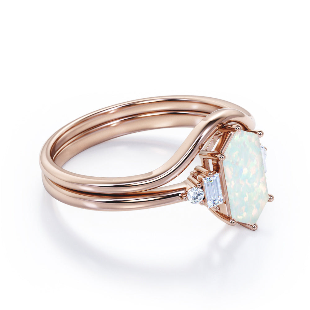 Magnificent 1.15 carat Hexagon cut Opal and diamond engagement ring with U-shaped wedding band in Black gold-Bridal set