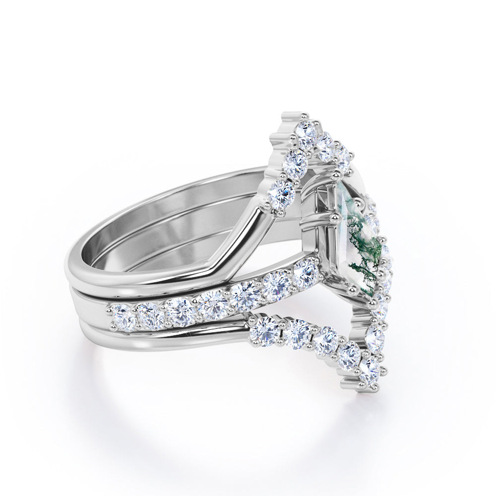 Artistic Chevron 1.45 carat Kite shaped Moss Green Agate and diamond trio wedding ring set in Yellow gold