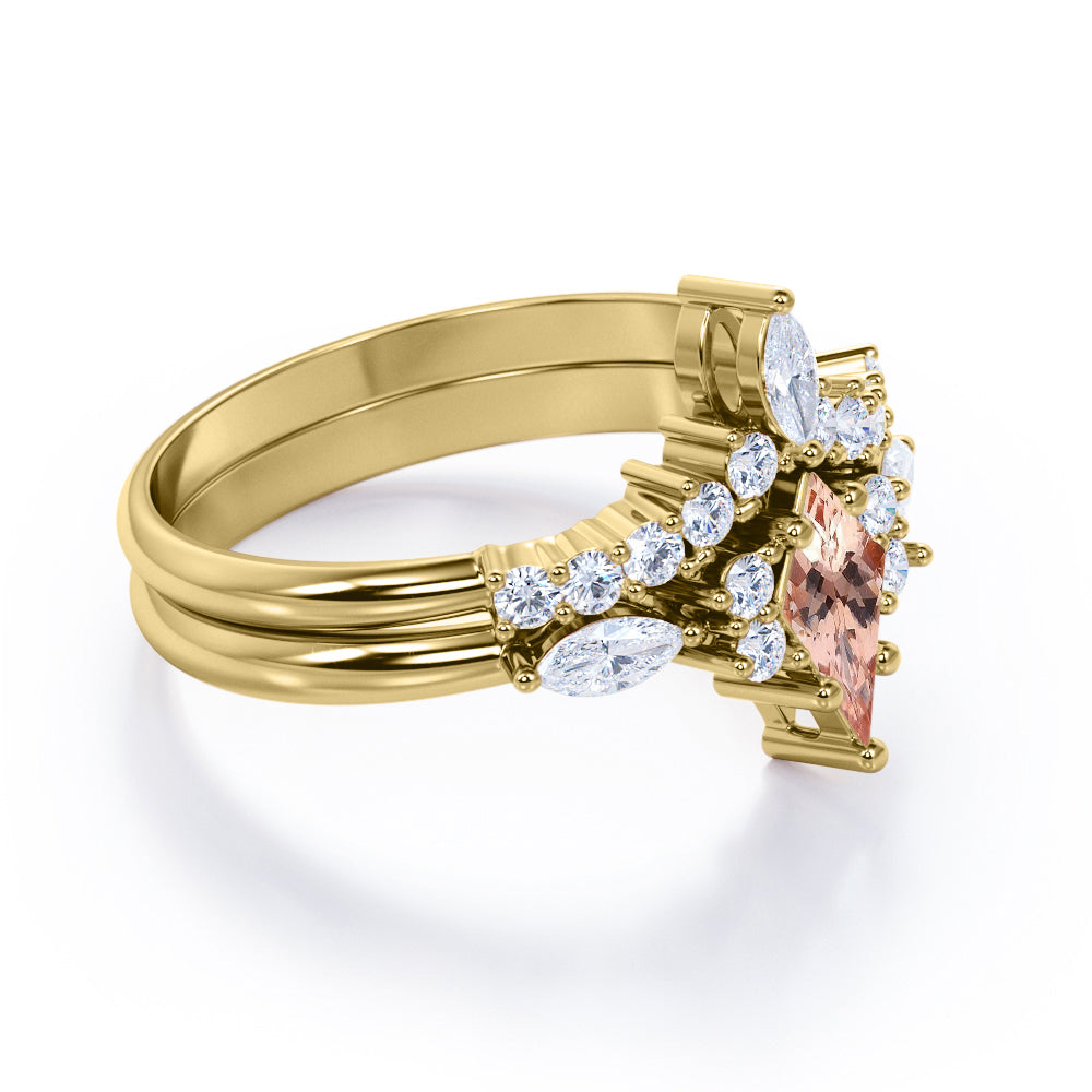 Vintage Crown 1.5 carat Kite shaped Peach Morganite and diamond Chevron tiara wedding ring set in Rose gold