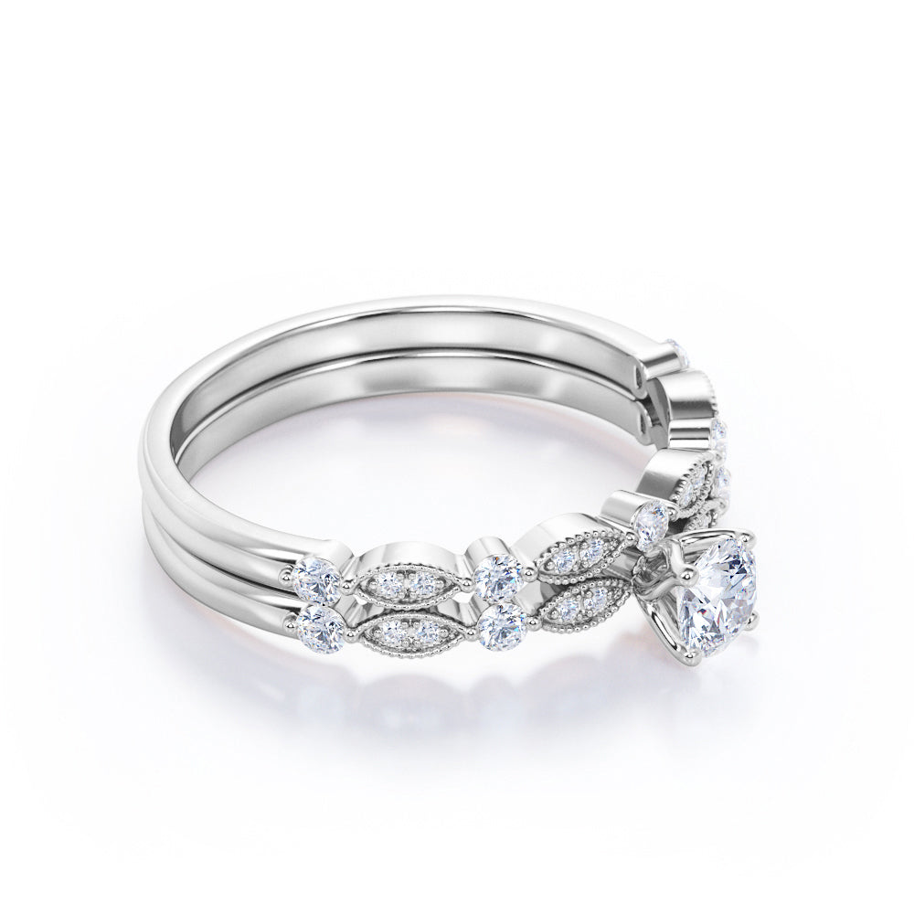 Antique art deco inspired 1 carat Round cut Moissanite and diamond marquise and dot Bridal set for women in Yellow gold