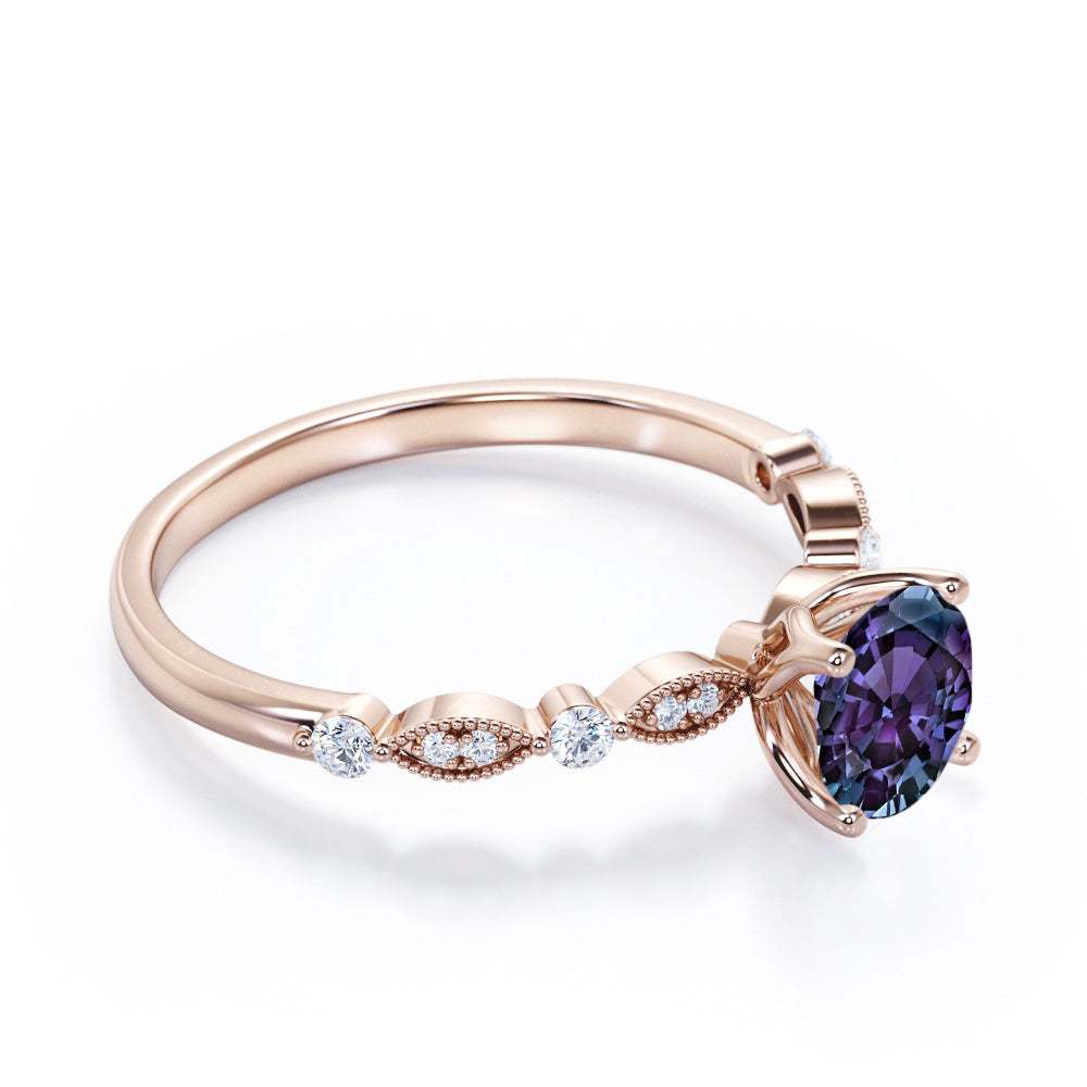 Authentic 1.1 carat Round cut Lab made Alexandrite and diamond-Milgrain-classic prong engagement ring in White gold