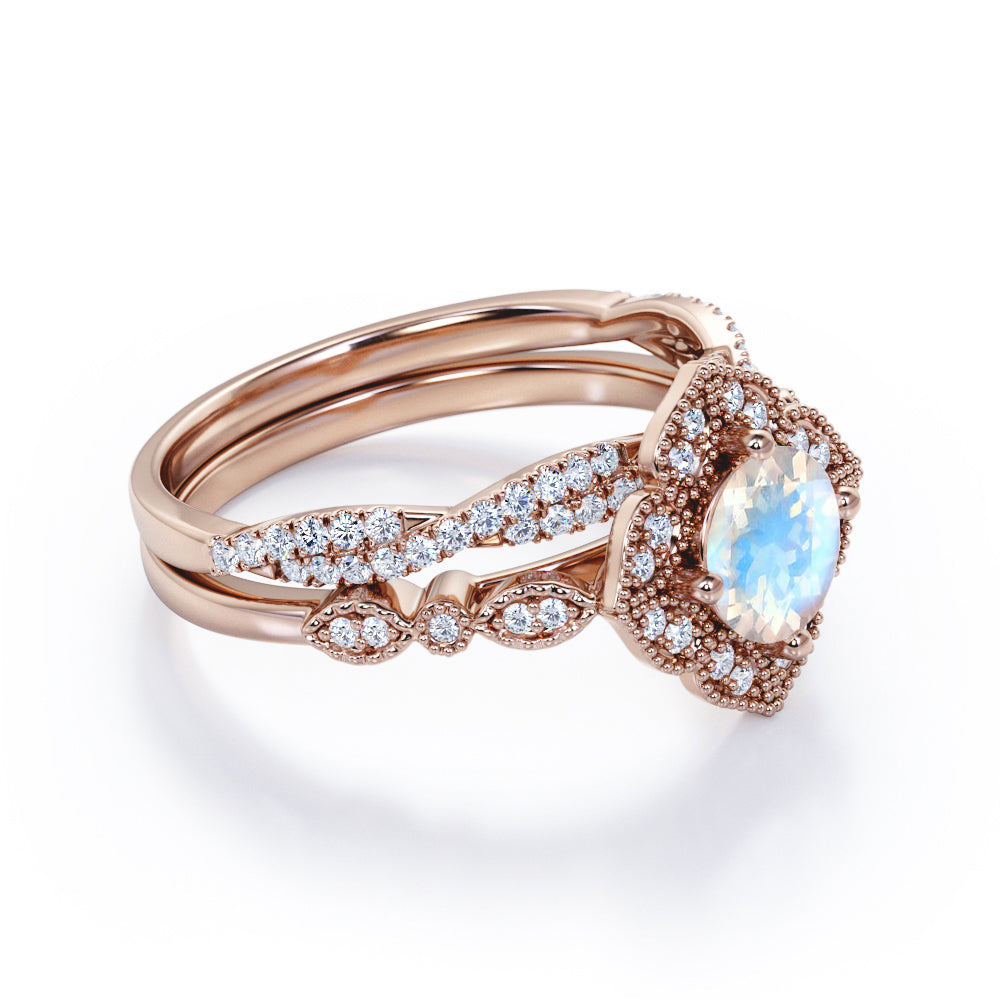Vintage Flower inspired 1.75 carat Milgrain border Moonstone and half-infinity wedding ring set for her