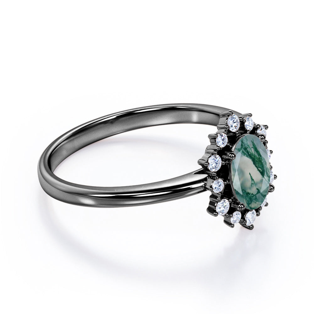 Snowflake Cluster 1.2 carat Oval shaped Moss Green Agate and diamond halo engagement ring in Rose gold