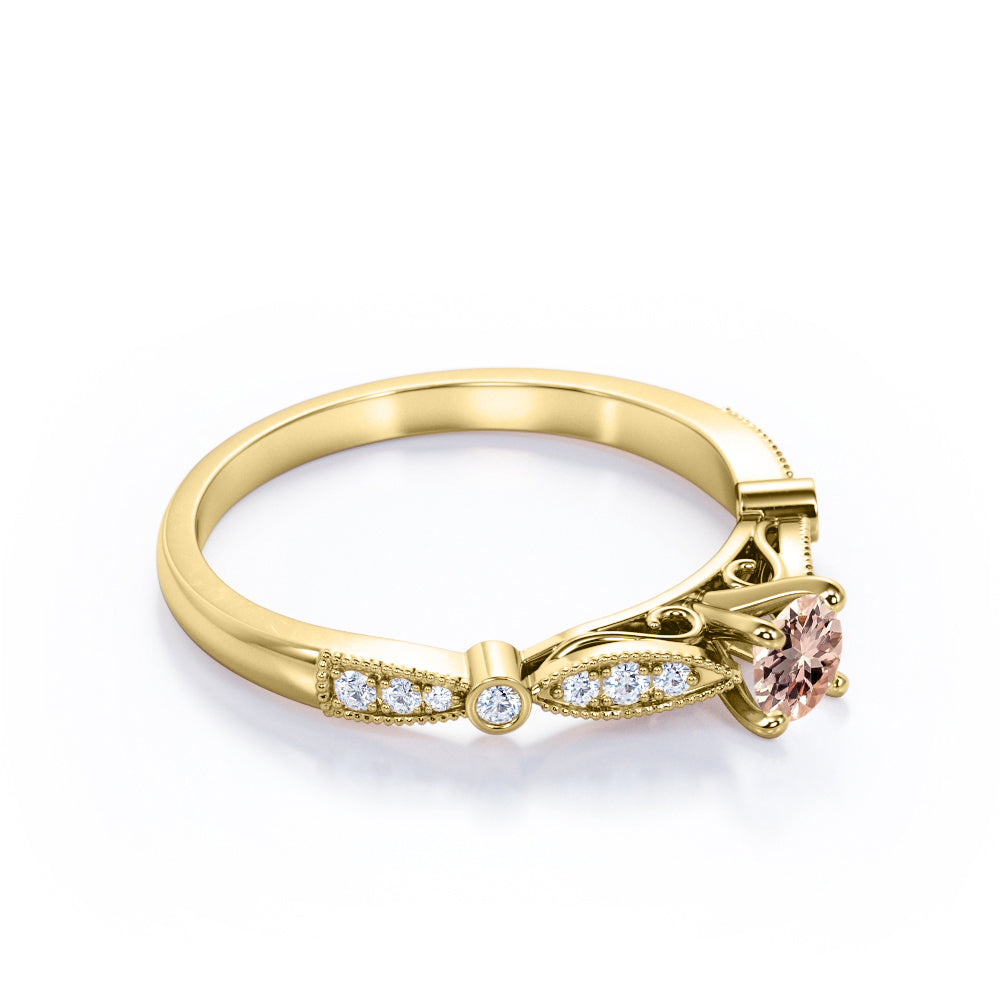 Timeless 0.75 carat Round cut Peach pink Morganite and diamond pinched shank engagement ring in White gold