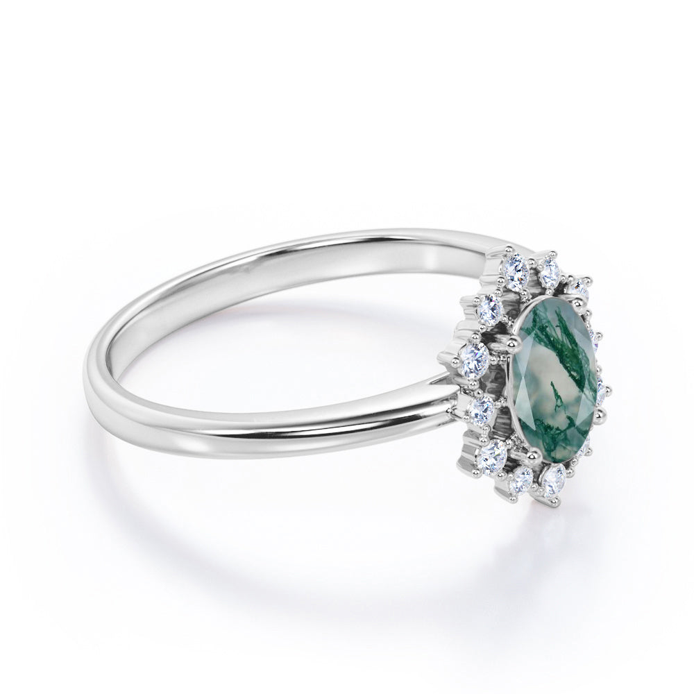 Snowflake Cluster 1.2 carat Oval shaped Moss Green Agate and diamond halo engagement ring in Rose gold