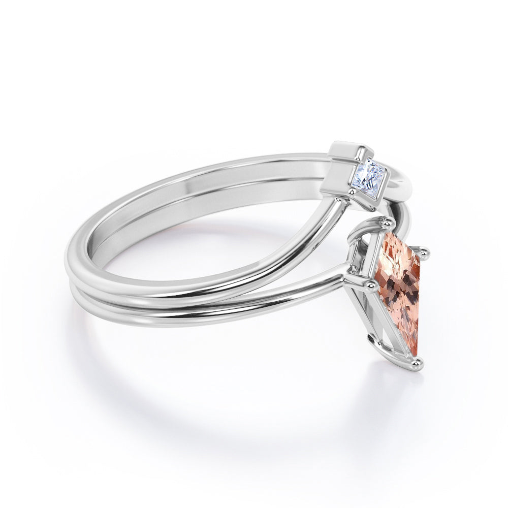 Double Layered 1 carat Kite shaped Morganite and diamond pointed chevron wedding ring set in Black gold