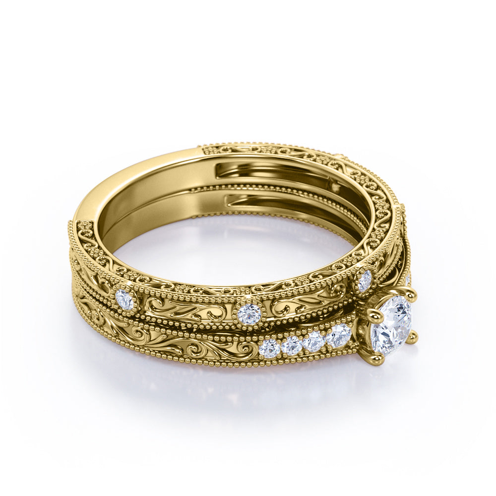 Authentic Victorian filigree 0.75 carat Round cut Moissanite and diamond Bridal set in White gold
