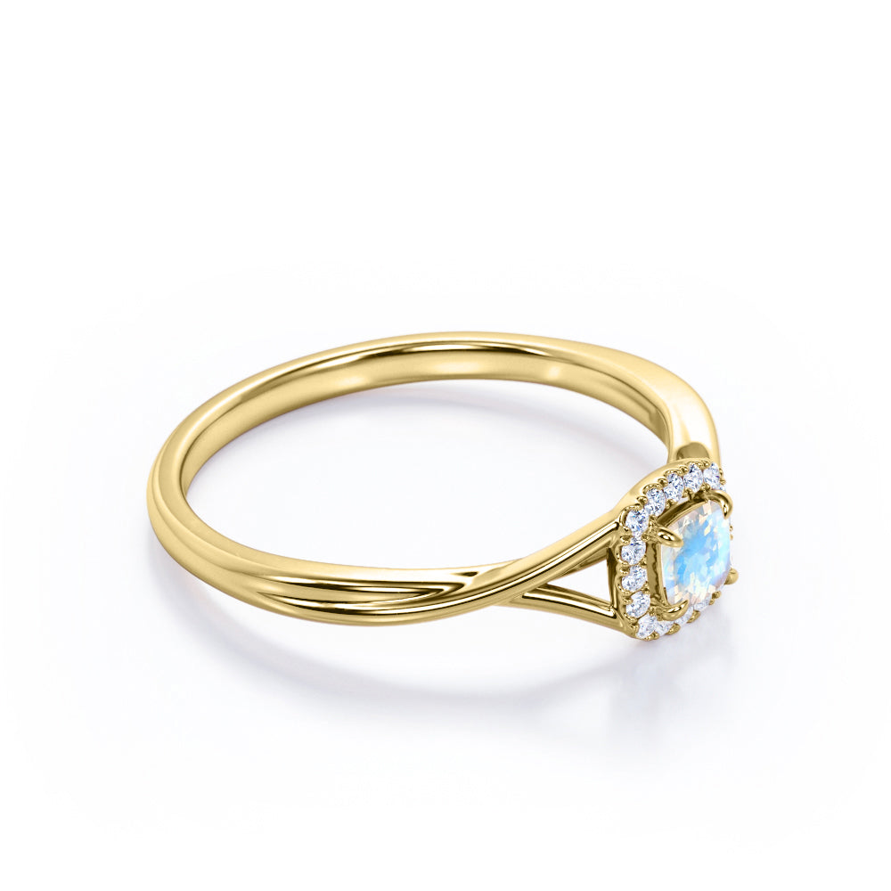 Minimal Twist Shank 0.75 carat Cushion Cut Blue Moonstone and diamond floral halo engagement ring in White gold