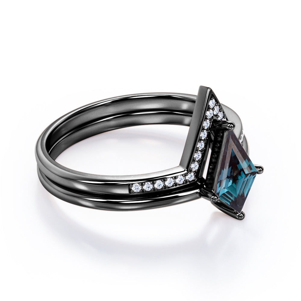 Solitaire Prong 1.25 carat Kite shaped Lab created Alexandrite and diamond contoured wedding ring set in White gold