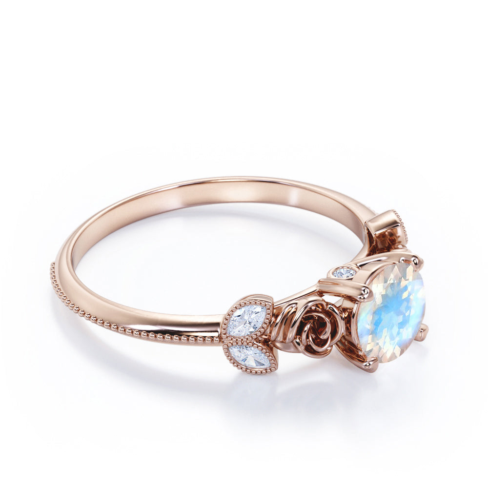 Vintage Rose 1.1 carat Round cut Blue Moonstone and marquise diamond engagement ring in White gold