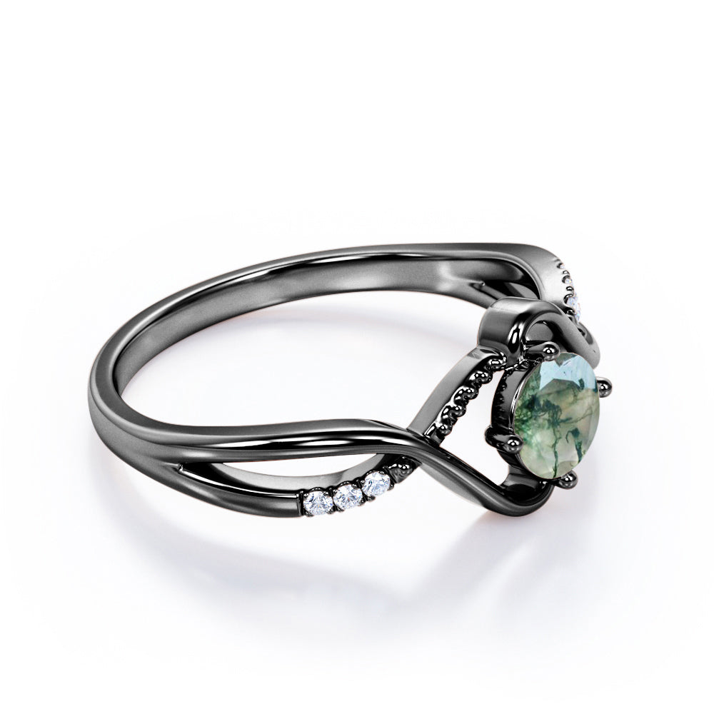 Infinity shank 1.15 carat Round cut Moss Green Agate and diamond milgrain engagement ring in White gold
