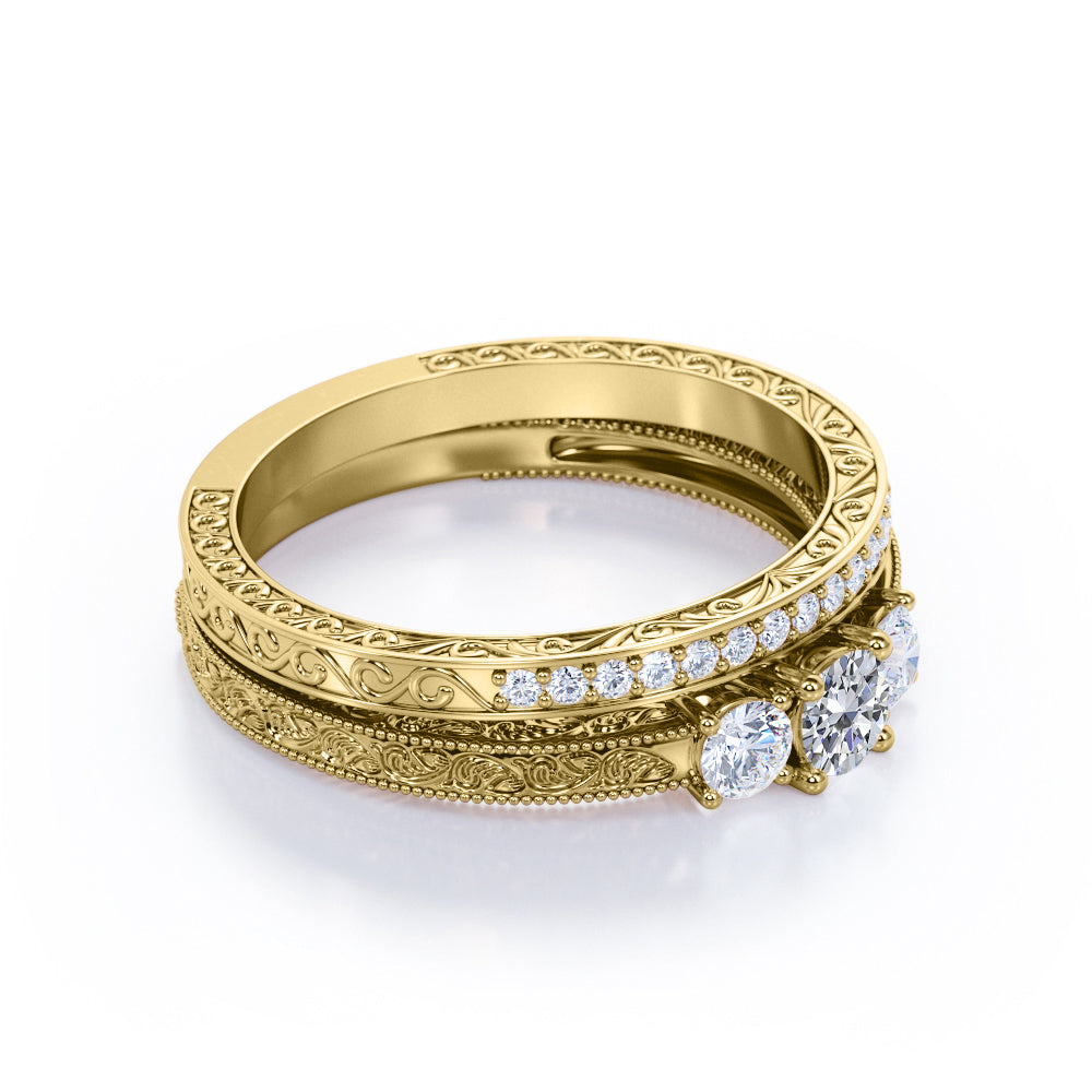 Trio stone 1.20 carat Round cut Moissanite and diamond Milgrain and Filigree Art deco wedding ring set in White gold
