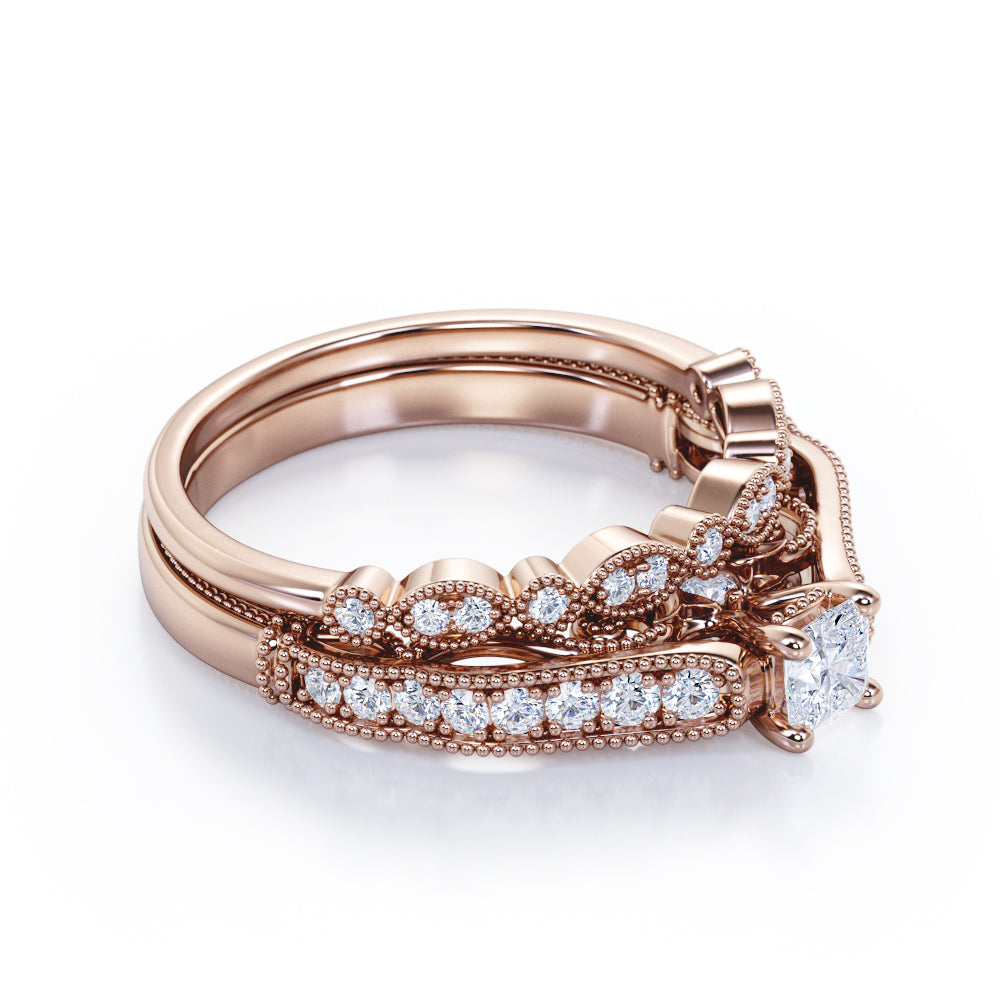 Vintage channel set 1.25 carat Round cut Moissanite and diamond art deco milgrain wedding ring set in white gold