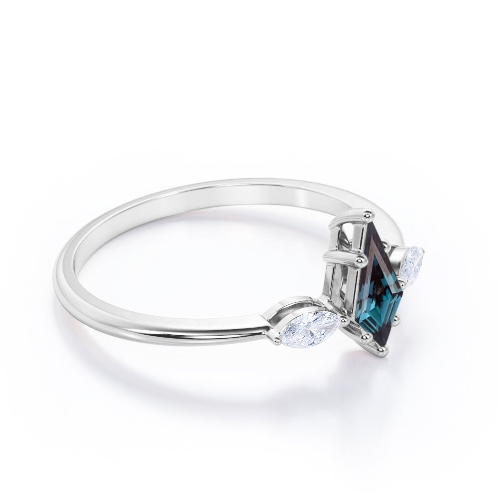 Unique trilogy 1.1 carat Kite shaped Lab created Alexandrite and diamond 6 prong engagement ring in Rose gold