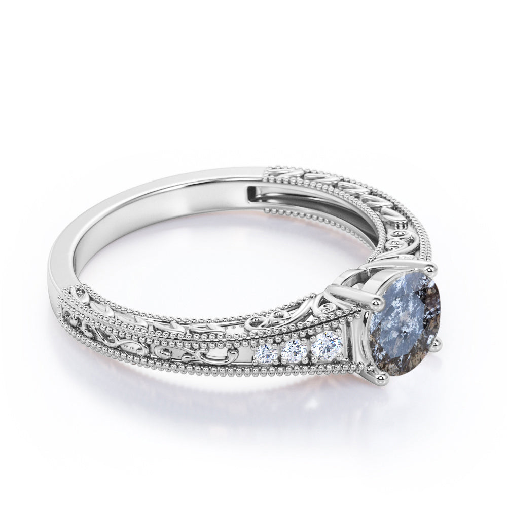 Vintage Scrollwork 0.65 carat Round cut Salt and pepper diamond and White diamond Milgrain engagement ring in Rose gold