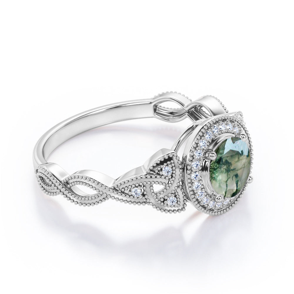 1.5 carat Round cut floral rope design Moss Green Agate and diamond halo engagement ring in Rose gold