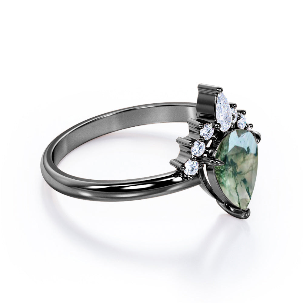 Royal Tiara style 1.15 carat Pear cut Moss Green Agate and diamond engagement ring in White gold