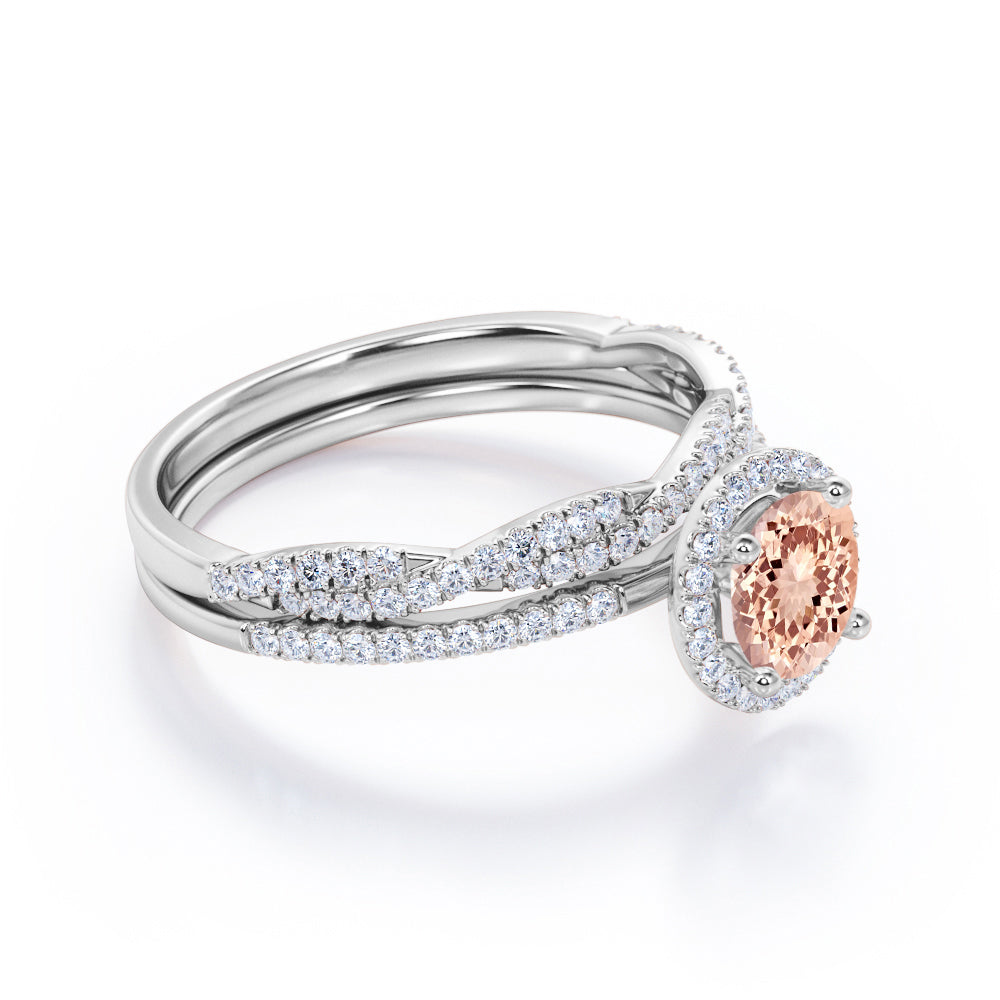 Art Deco Halo 1.65 carat Round cut Morganite and diamonds half pave infinity wedding ring set in White gold