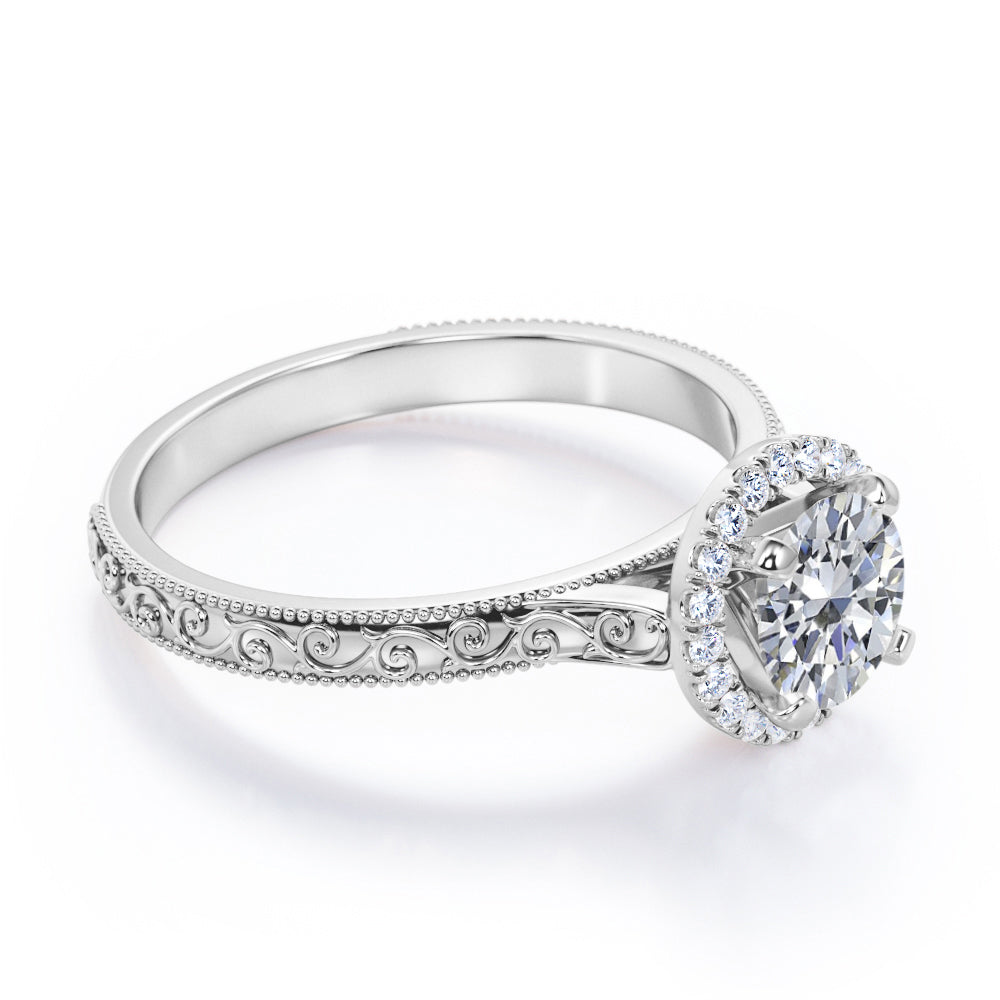 Filigree engraved 1.15 carat Round cut Moissanite and diamond Edwardian engagement ring in Rose gold