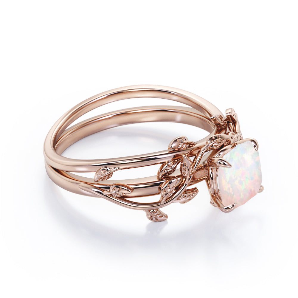 Unique 1 carat Cushion cut Fire Opal Nature-themed Bridal ring set in White gold