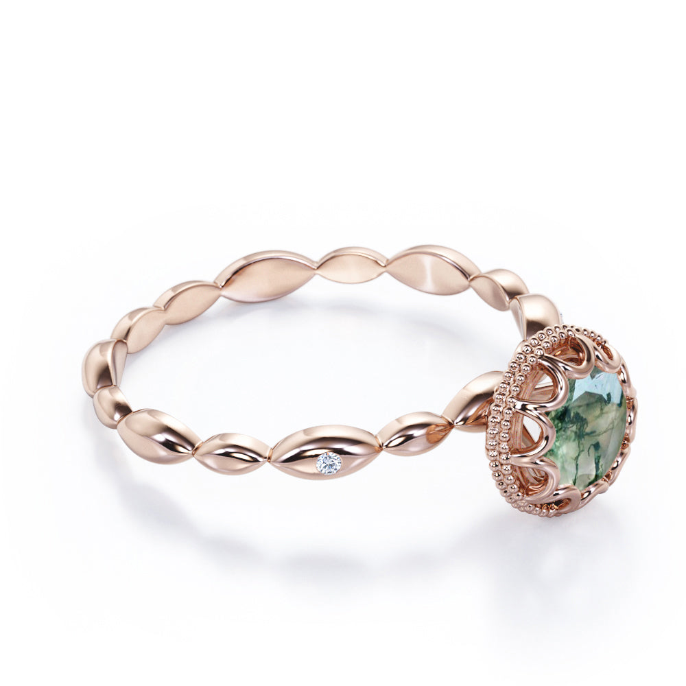 Exquisite infinity rope design 1 carat Round cut Moss Green Agate Scalloped halo engagement ring in White gold