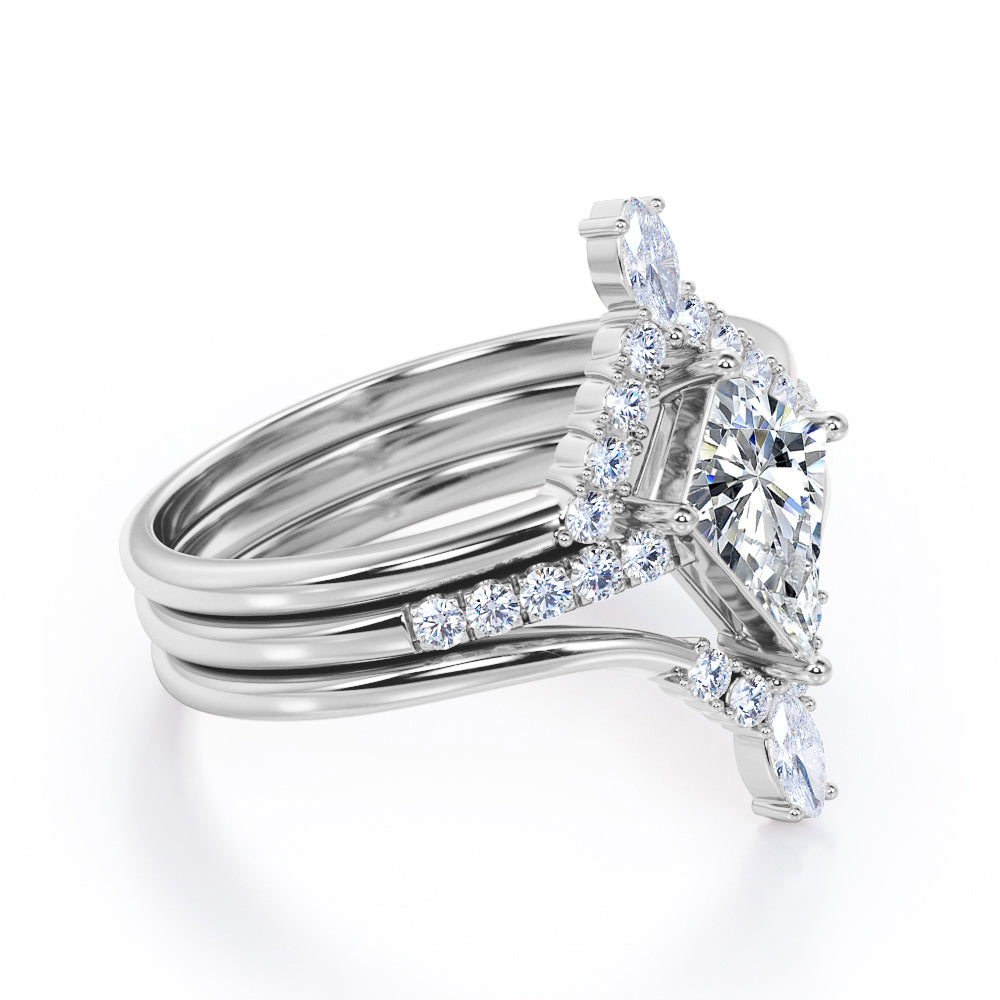 Royal Chevron 1.3 carat Kite shaped Moissanite and diamond trio wedding ring set for women in Black gold