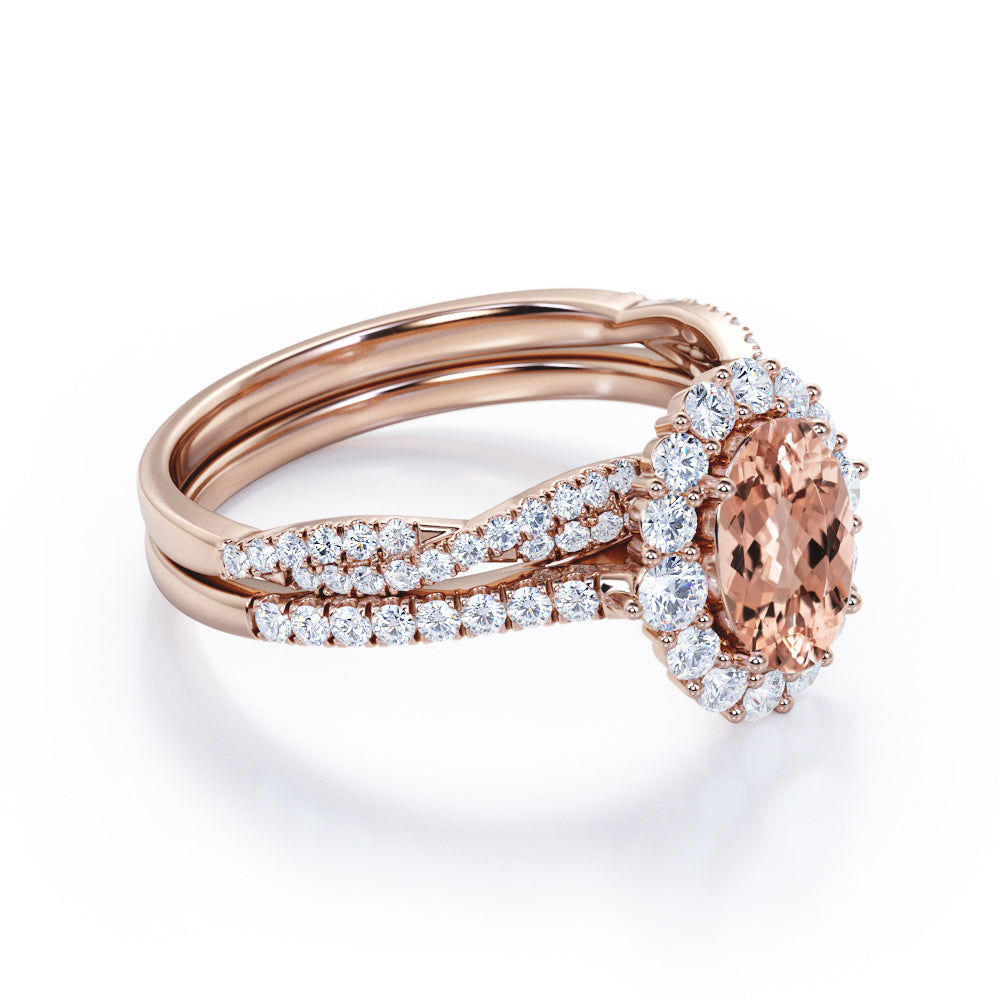 Cluster Halo 1.75 carat Oval cut Morganite and pave diamond - shared prong setting - half-infinity wedding ring set for women in White gold
