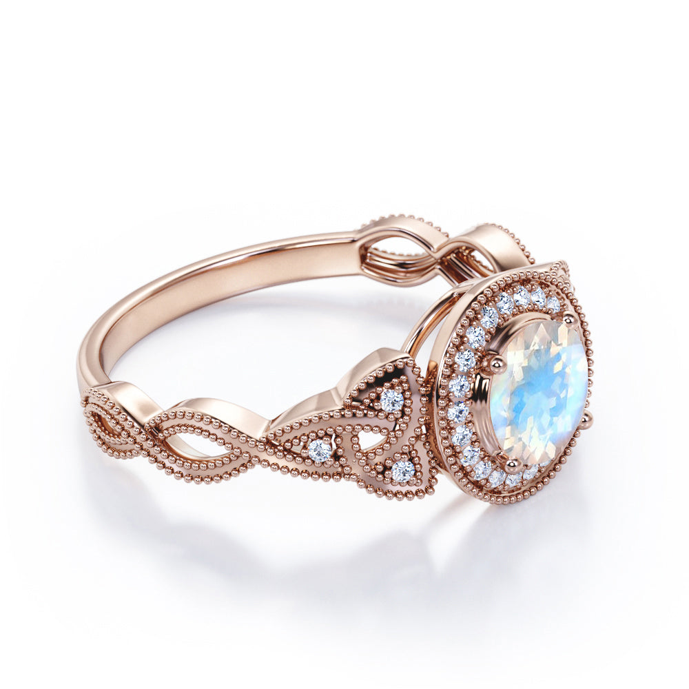 Infinity Halo 1.5 carat Round cut Moonstone and diamond engraved engagement ring in White gold
