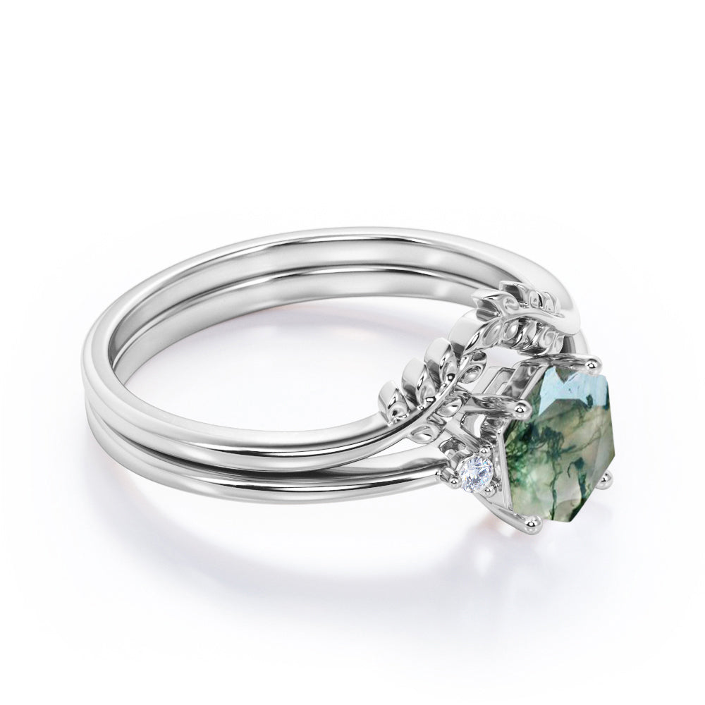 Earthy Three stone 0.55 carat Hexagon shaped Moss Green Agate and diamond antique style wedding ring set in Black gold