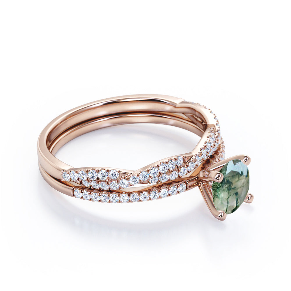 Elegant 1.50 carat Round cut 4 Prong Moss Green Agate and diamond Infinity Wedding ring set in White gold