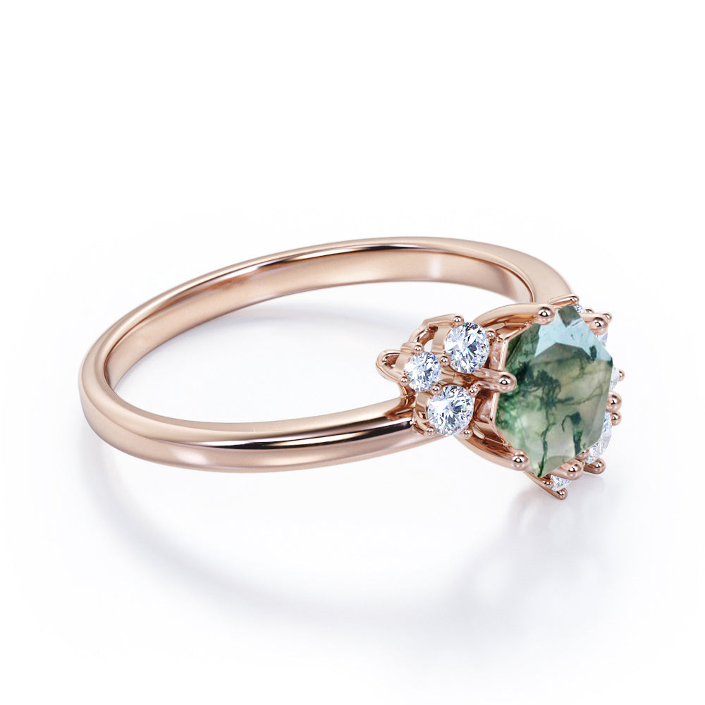 Aesthetic 0.65 carat Hexagon shaped Moss Green Agate and diamond art deco inspired engagement ring in Black gold