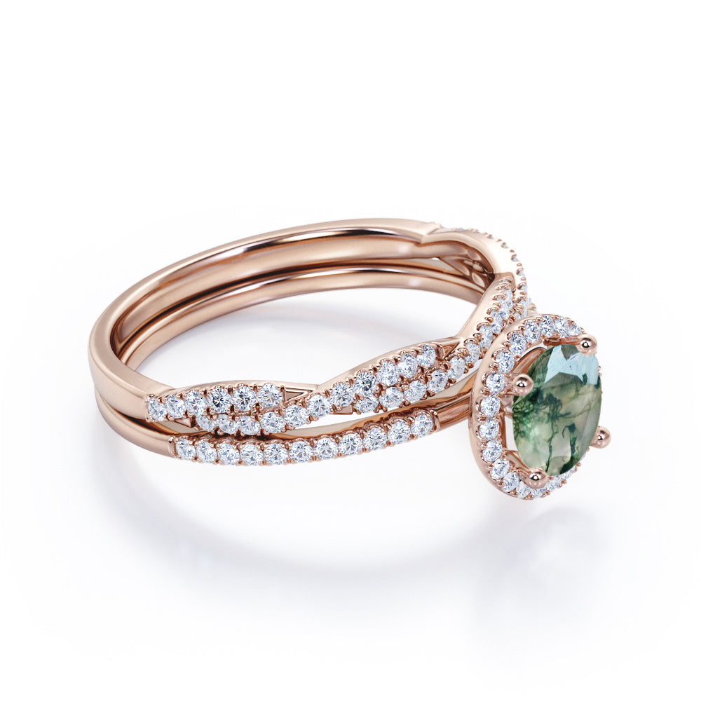 Classic Halo 1.75 carat Round cut Moss Green Agate and diamond Art deco Anniversary ring set for her - Wedding ring set