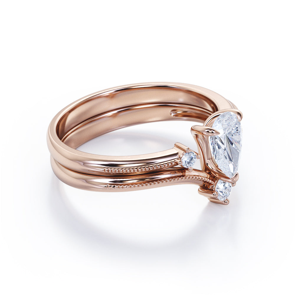 Unique 4 stone 1.1 carat pear cut moissanite and diamond-open ring- milgrain wedding ring set for her