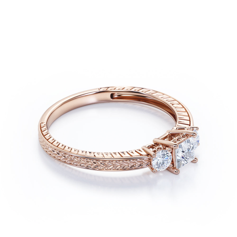 Past, Present and Future 1.1 carat Princess cut Moissanite and diamond Basket set - Filigree wedding ring set for women in gold