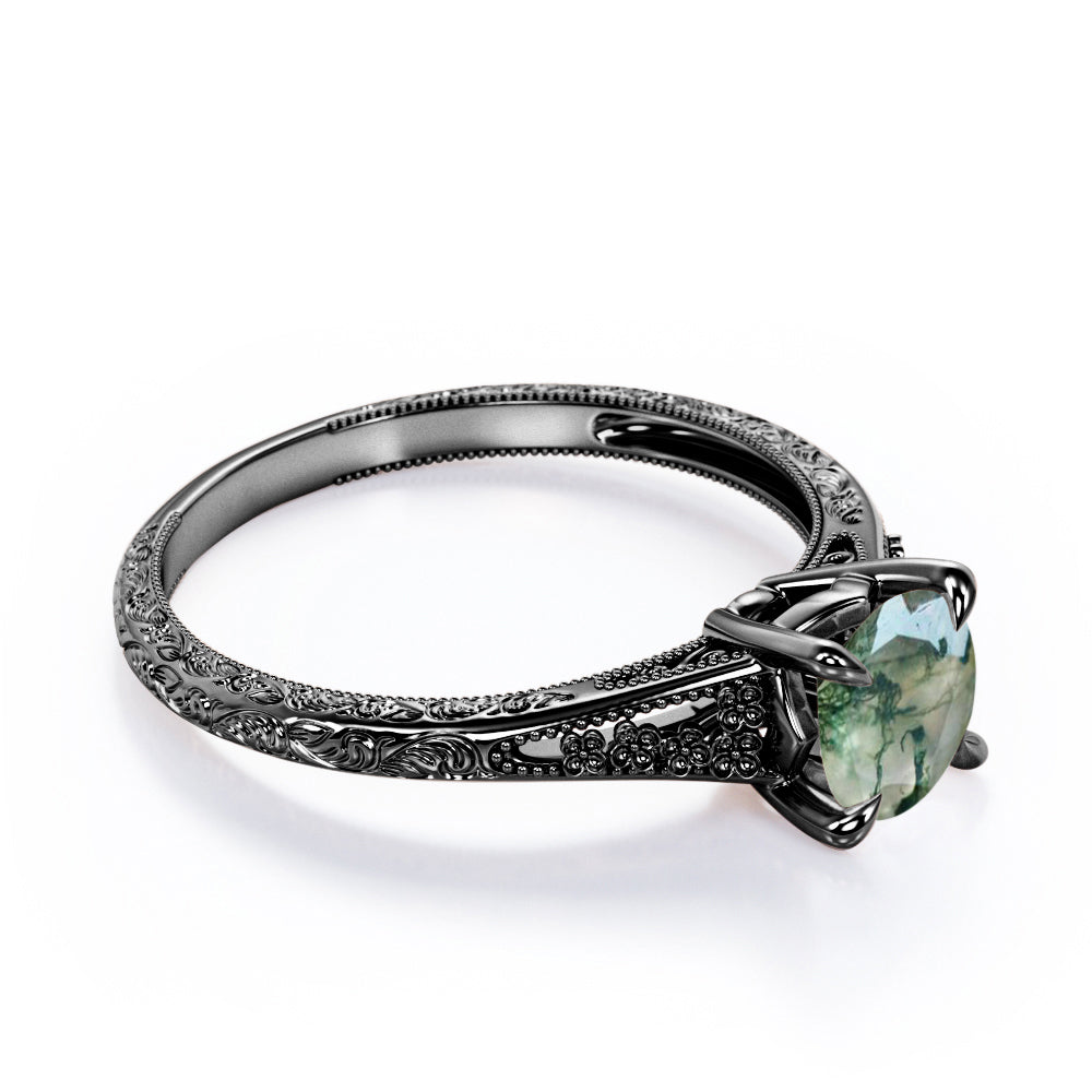 Milgrain Split Shank 1 carat Round cut Moss Green Agate-floral filigree-nature inspired engagement ring in Rose gold