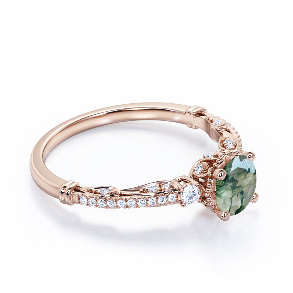 Vintage Bead décor 1.4 carat Round cut Moss Agate and diamond-pave filigree-three stone engagement ring in Black gold