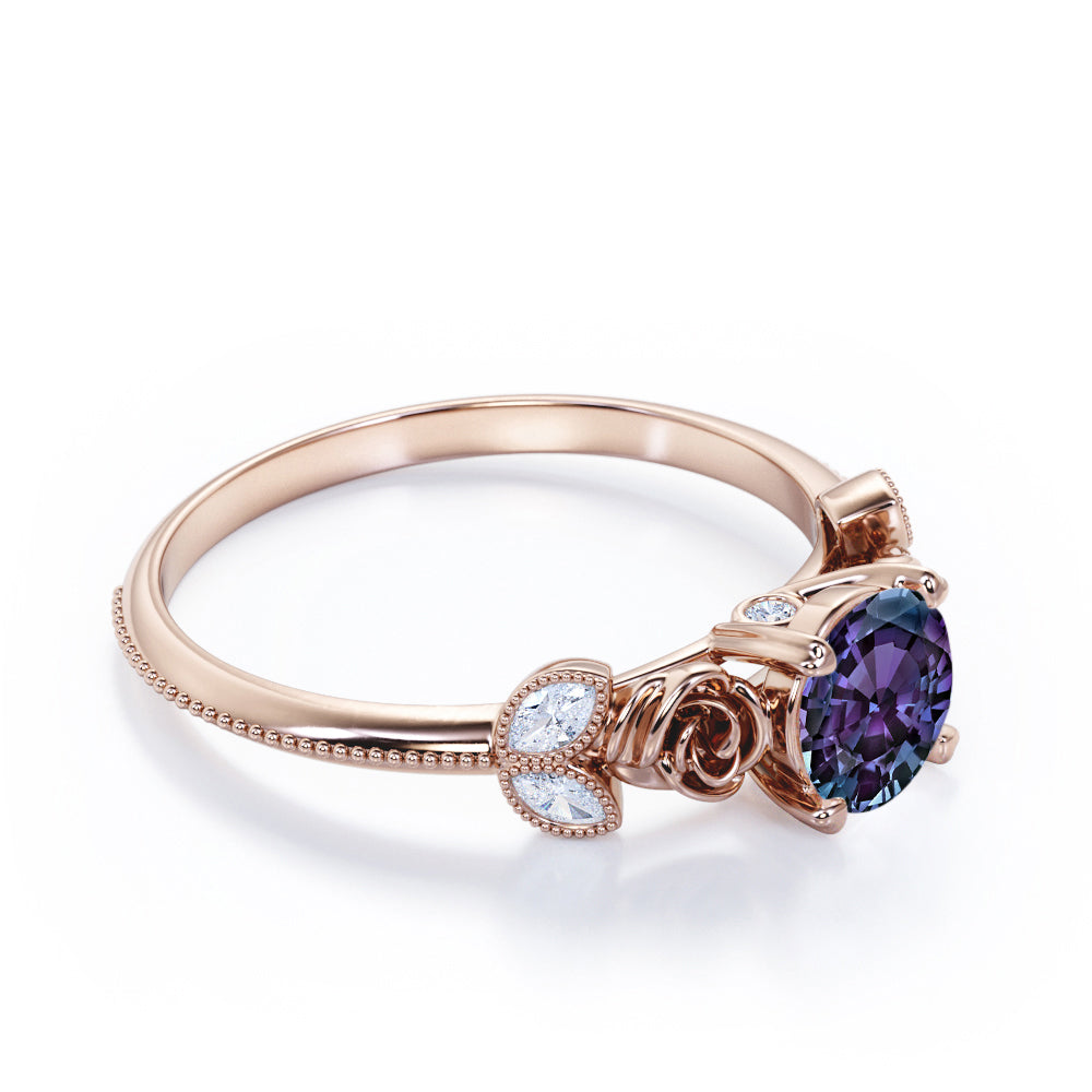 Vintage flowers 1.15 carat Round cut Lab created Alexandrite and diamond milgrain style engagement ring in White gold