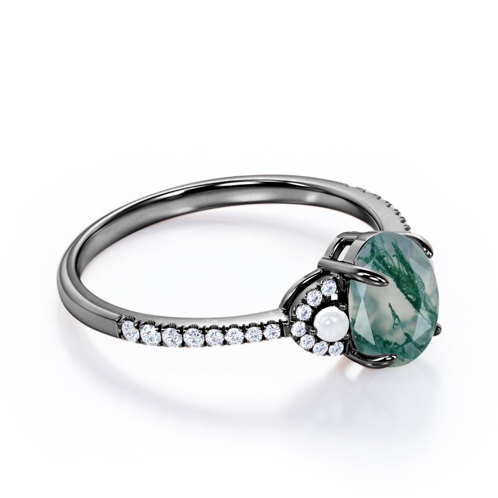 Eternity Pave 1.35 carat Oval shaped Moss Green Agate and diamond with freshwater pearl promise ring in White gold