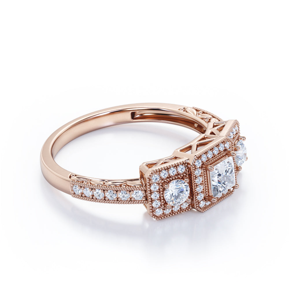 Grandiose three stone 1.55 carat Princess cut Moissanite and diamond vintage art deco Bridal set in White gold