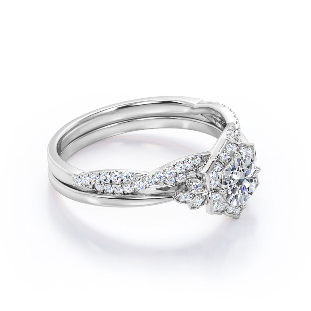 Half-infinity 1.5 carat round cut Moissanite and diamond floral inspired engagement rings and wedding band in gold-Bridal set