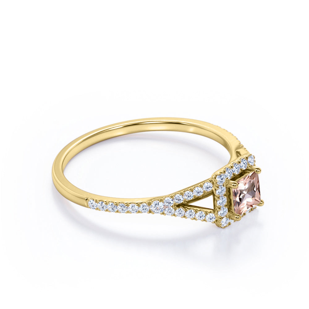 Pave shank 1 carat Princess cut Morganite and diamond eternity halo engagement ring in White gold