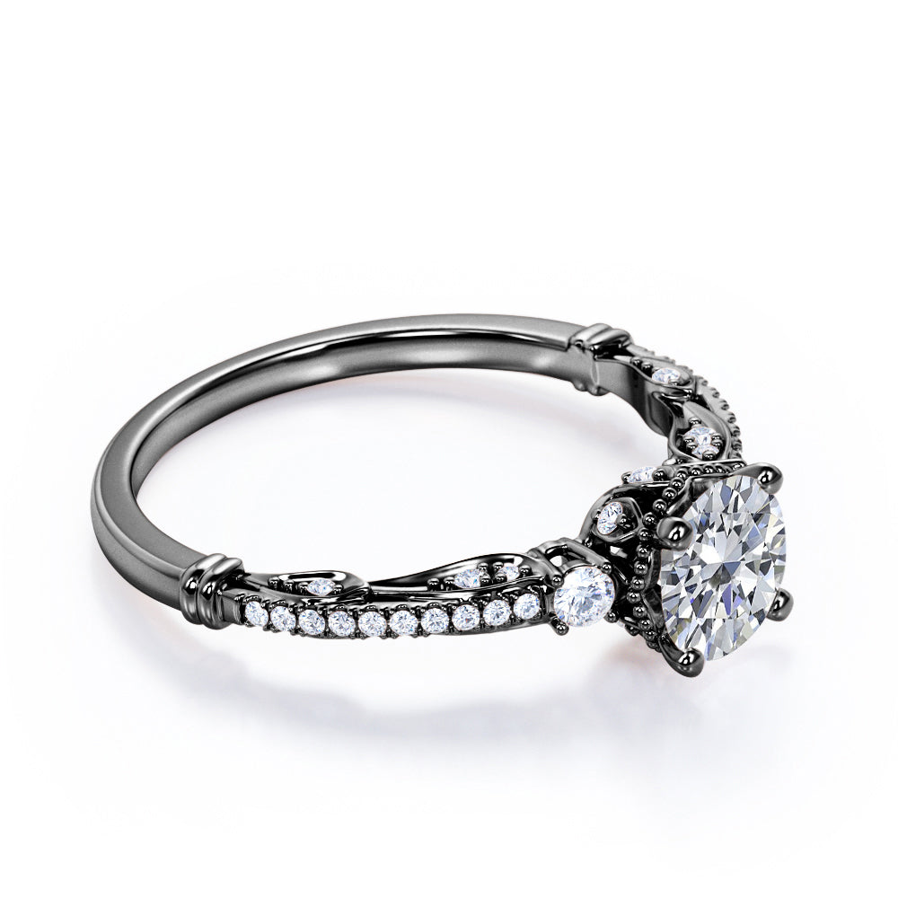 Triple stone 1.35 carat Round cut Moissanite and diamond art deco inspired engagement ring in Rose gold