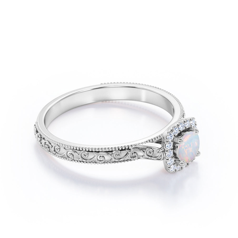 Vintage Halo 0.65 carat Round cut Australian boulder opal and diamond edwardian art deco engagement ring in White gold