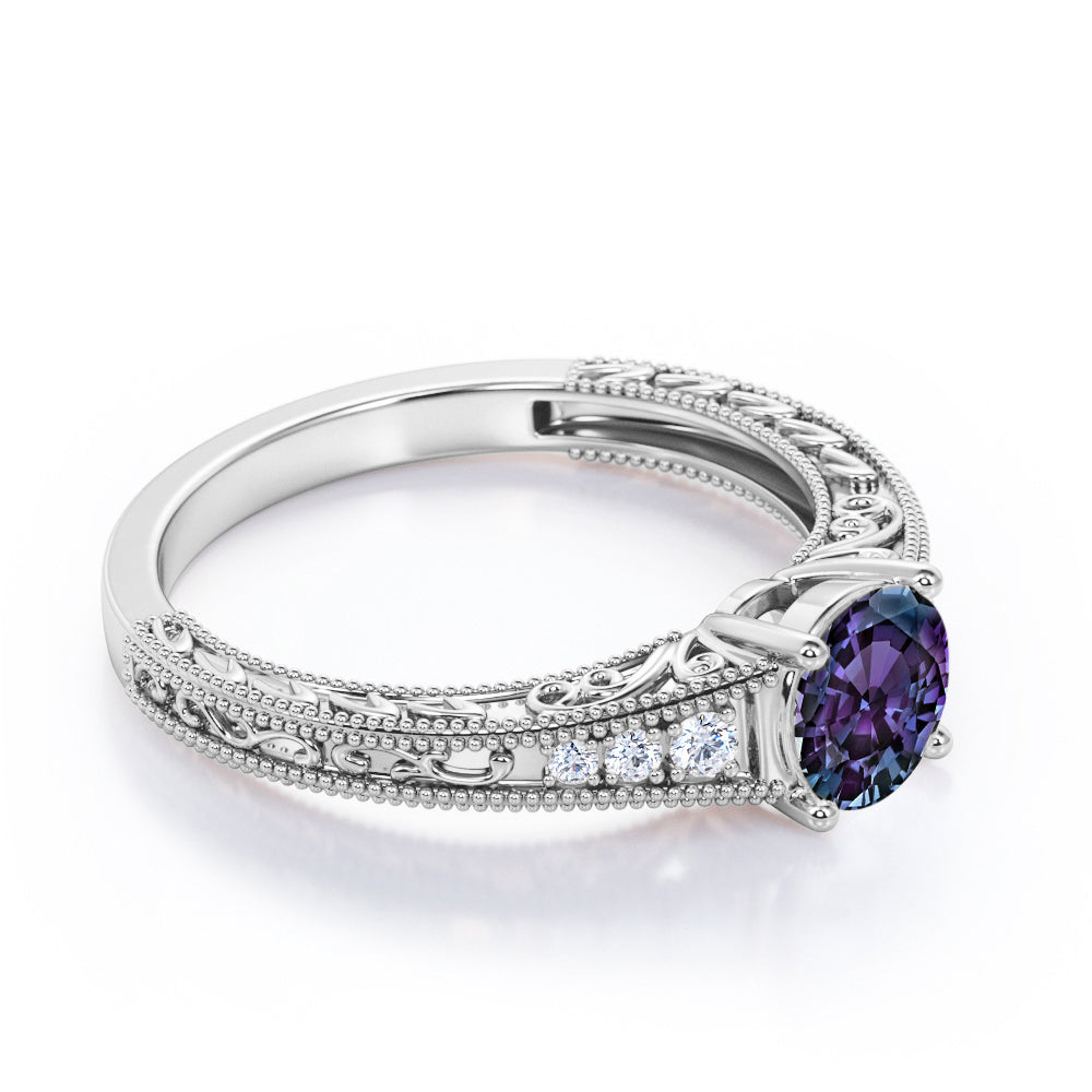 Antique art nouveau 1.1 carat Round cut Synthetic Alexandrite and diamond engagement ring in Rose gold