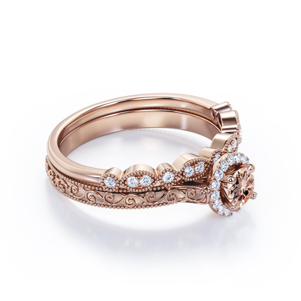 Antique Bridal 1 carat Round cut Morganite and diamond-Filigree and Milgrain-classic halo wedding ring set in White gold